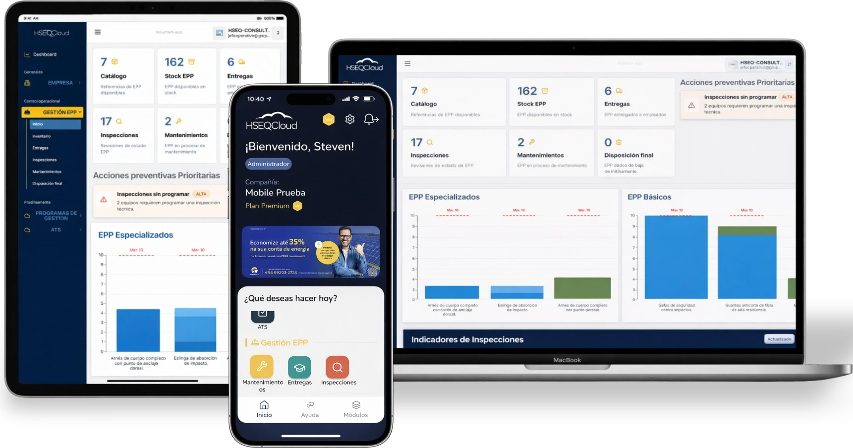 HSEQCloud en tablet, smartphone y laptop